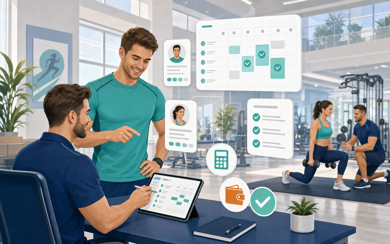 Владелец фитнес-клуба проверяет зарплату тренеров в CRM-системе
