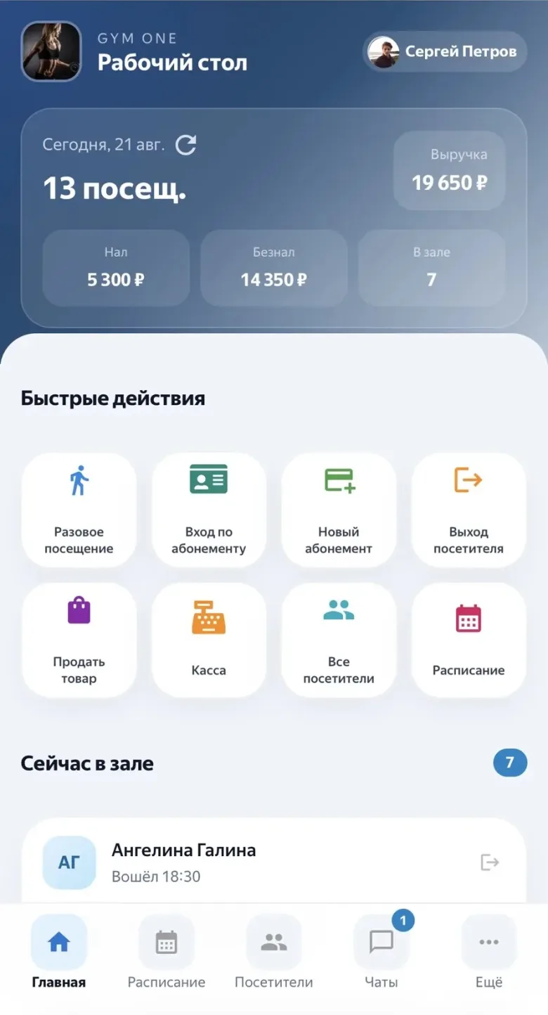 Мобильная версия Gym-One: сводка дня, выручка, посетители в зале и быстрые действия